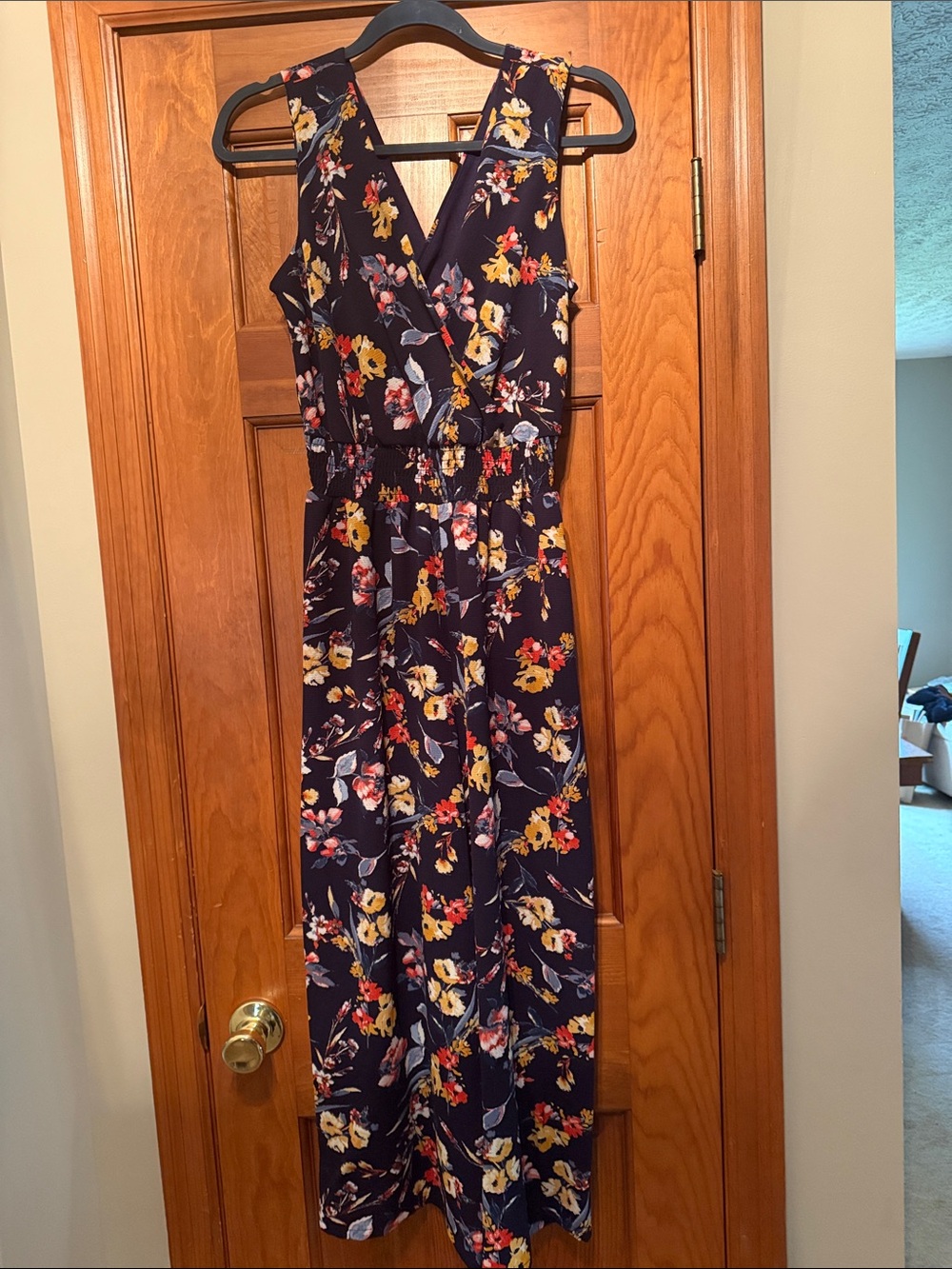 Floral V-Neck Sleeveless Pantsuit - Navy Blue with Yellow & Pink Blossoms